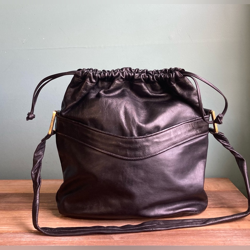 Black Leather Drawstring Shoulder Bag